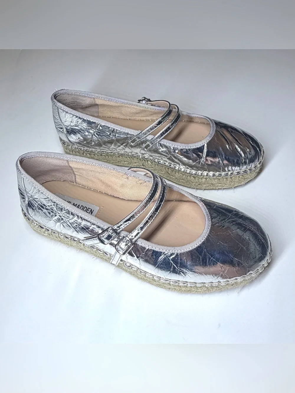 Steve Madden Women’s Silver Metallic Espadrille Mary Jane Platform Flats Size-8M